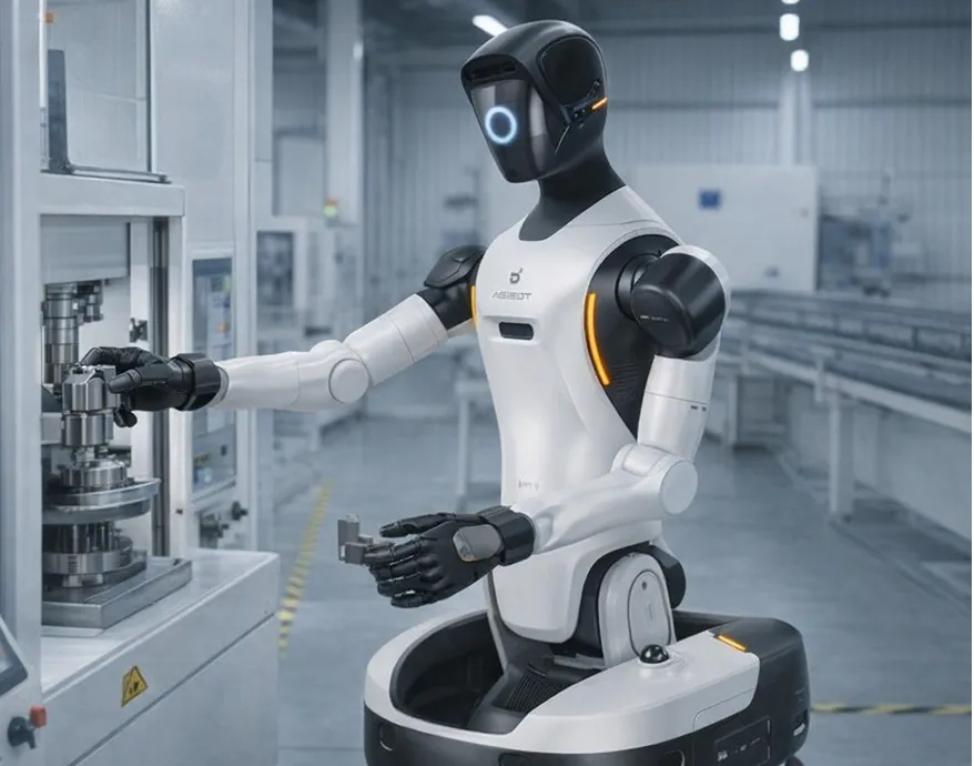 Industrieroboter mit humanoidem Design bedient eine Maschine in einer modernen Fabrikumgebung.