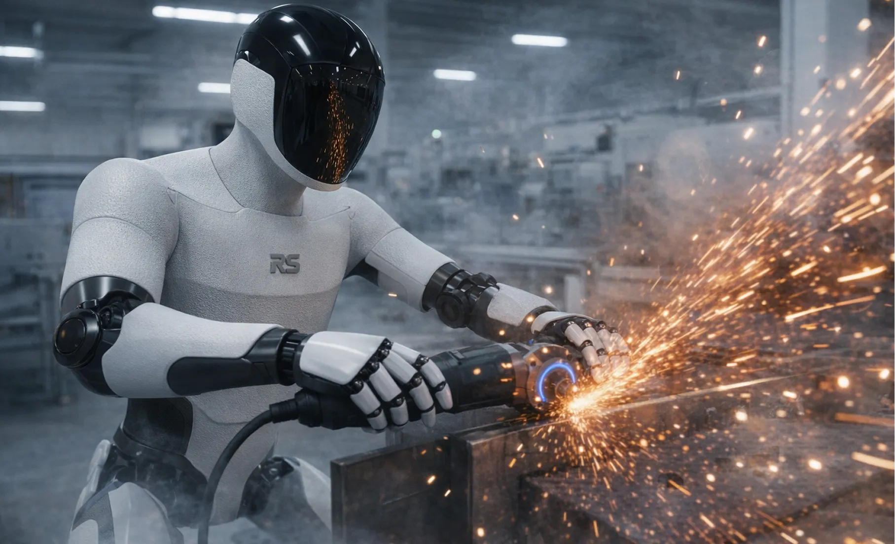 Roboter mit schwarzem Visier schleift eine Metalloberfläche in einer Werkstatt, Funken sprühen.