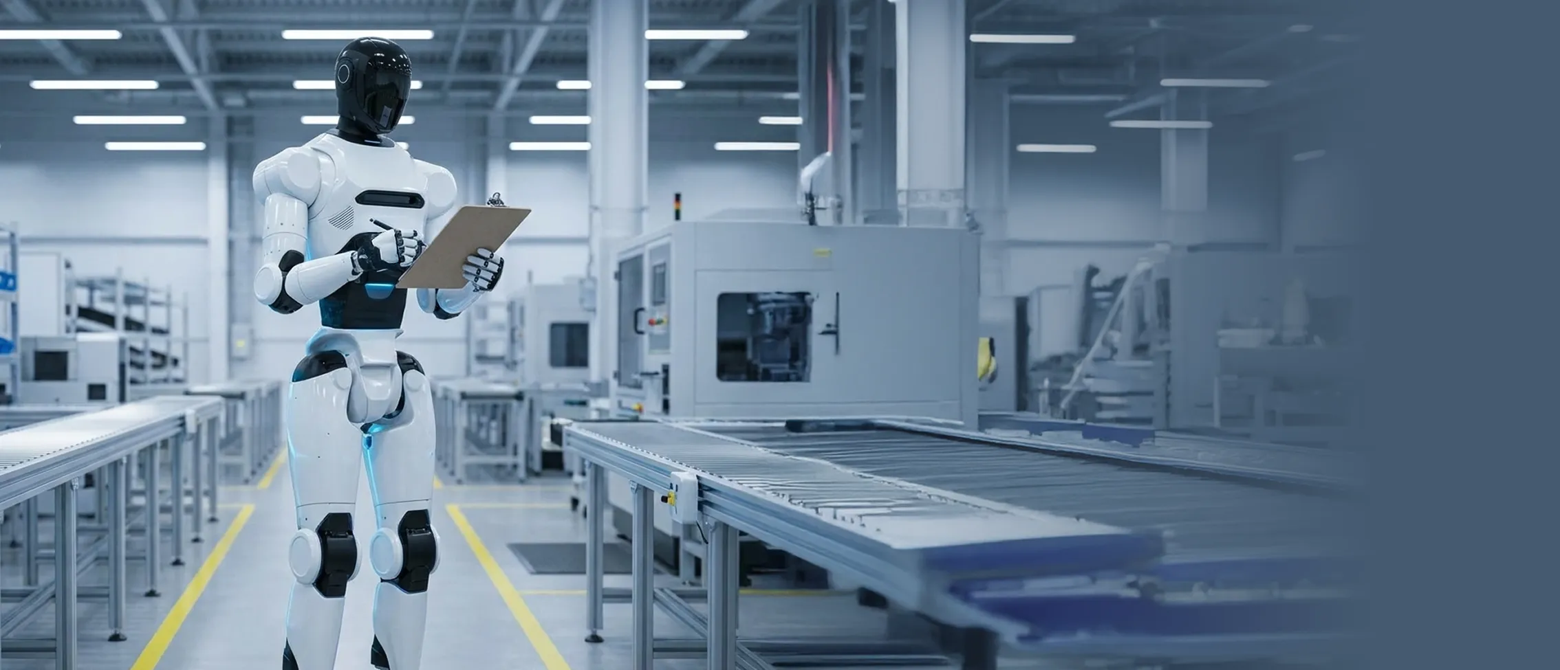 Humanoider Roboter mit Klemmbrett in einer modernen Fabrikhalle neben Fließbändern.
