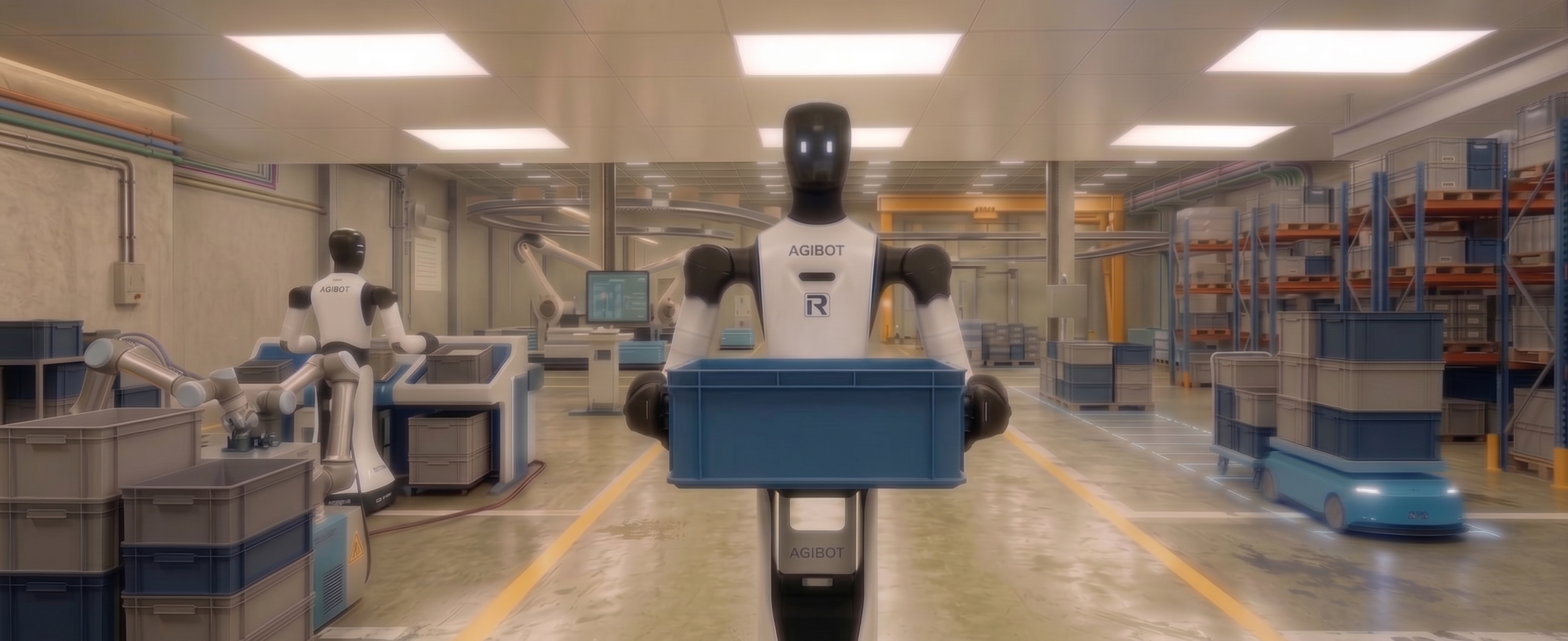 Humanoider Roboter auf mobiler Plattform transportiert einen blauen Kleinladungsträger durch eine Fertigungshalle mit gestapelten KLT im Hintergrund