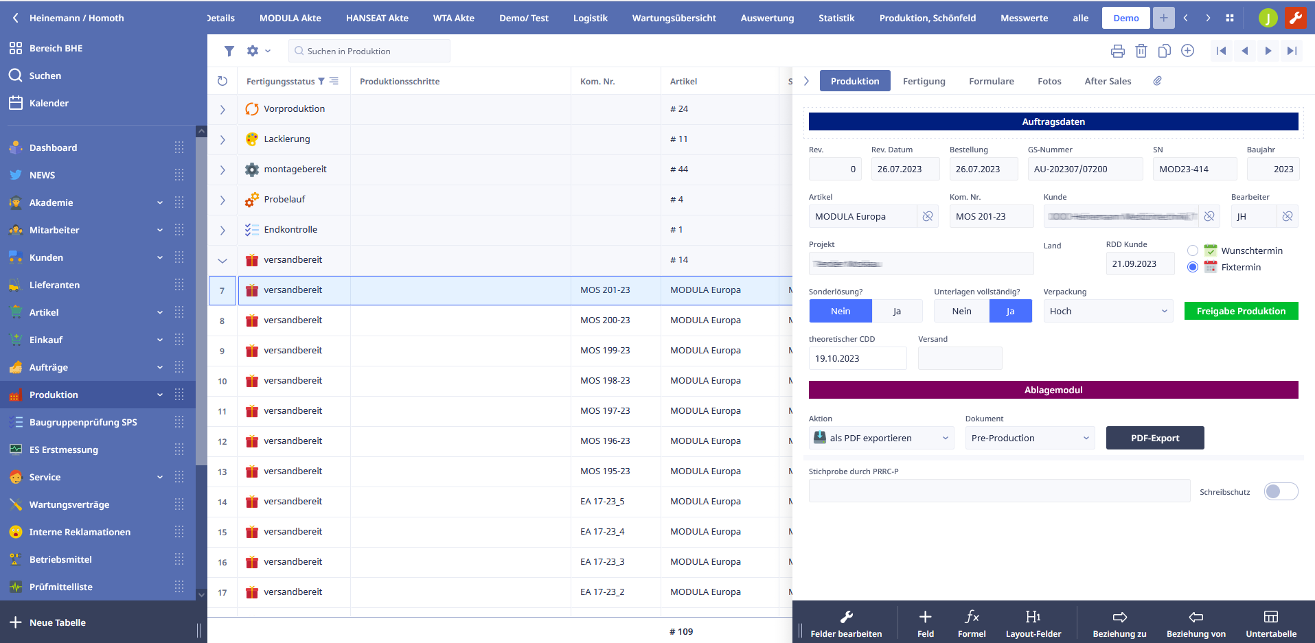 Ninox Screenshot: Produkttionssteuerung mit Auftragsdaten, Fertigungsstatis uvm