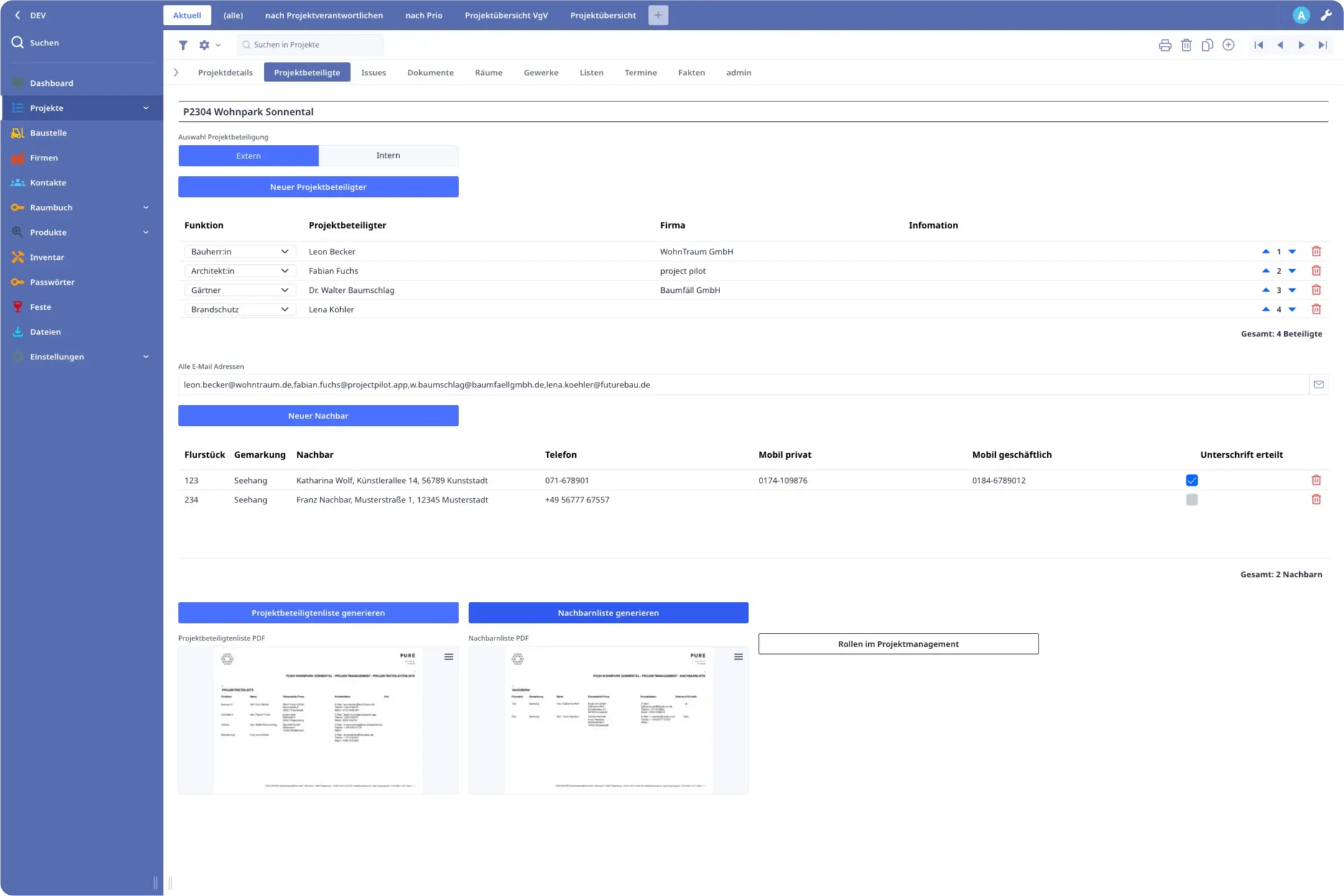 Beispiel Screenshot Architektur-Lösung mit Projektbeteilite, Nachbar-Listen, Flurstück, Gemarkung und weitere Informationen