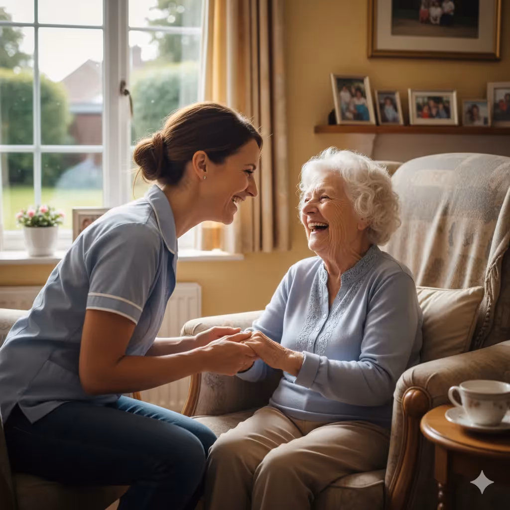 Young caregiver smiling and holding hands with a laughing elderly woman sitting in an armchair in a cozy living room.