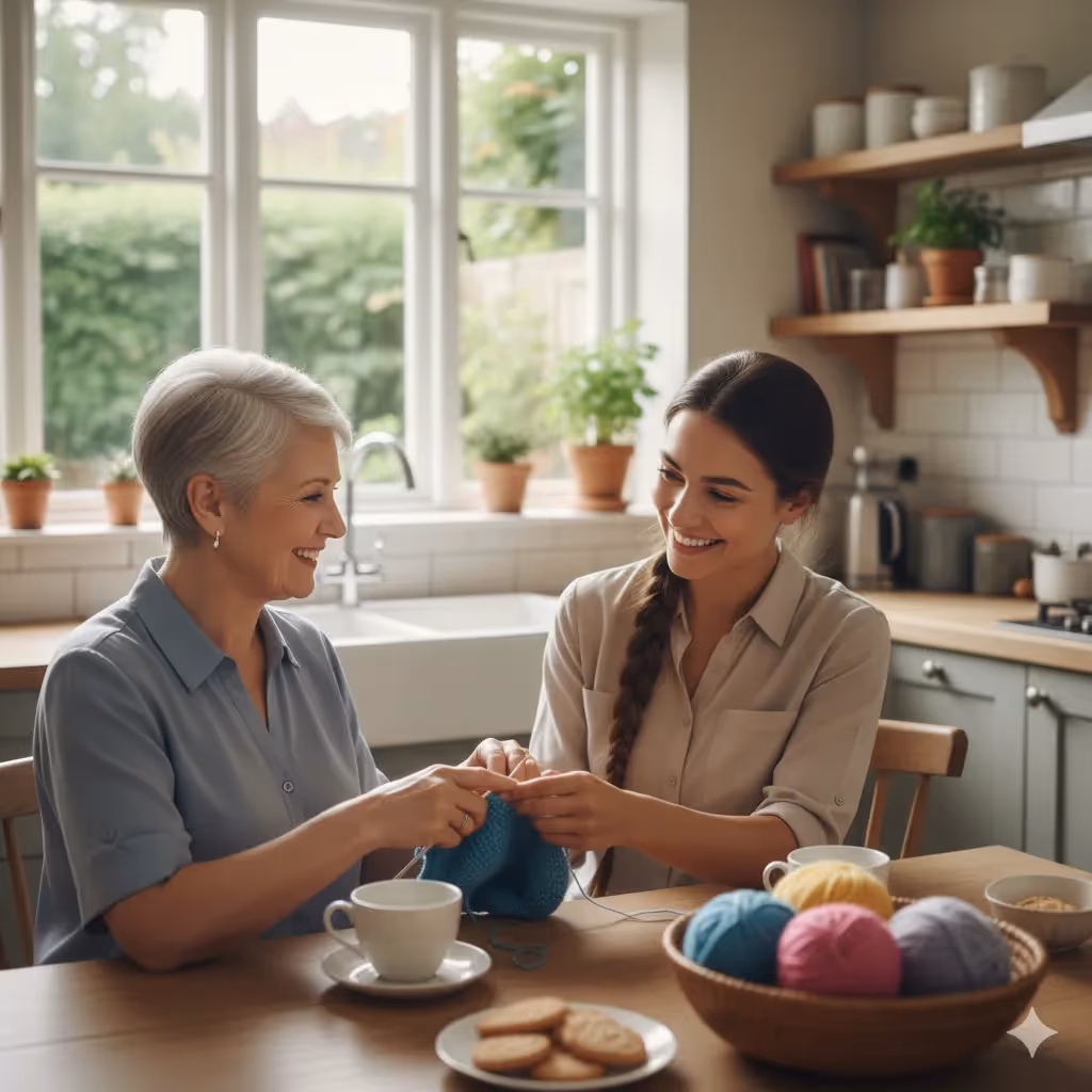 Older and younger woman smiling and knitting together at a kitchen table with yarn balls and tea cups.