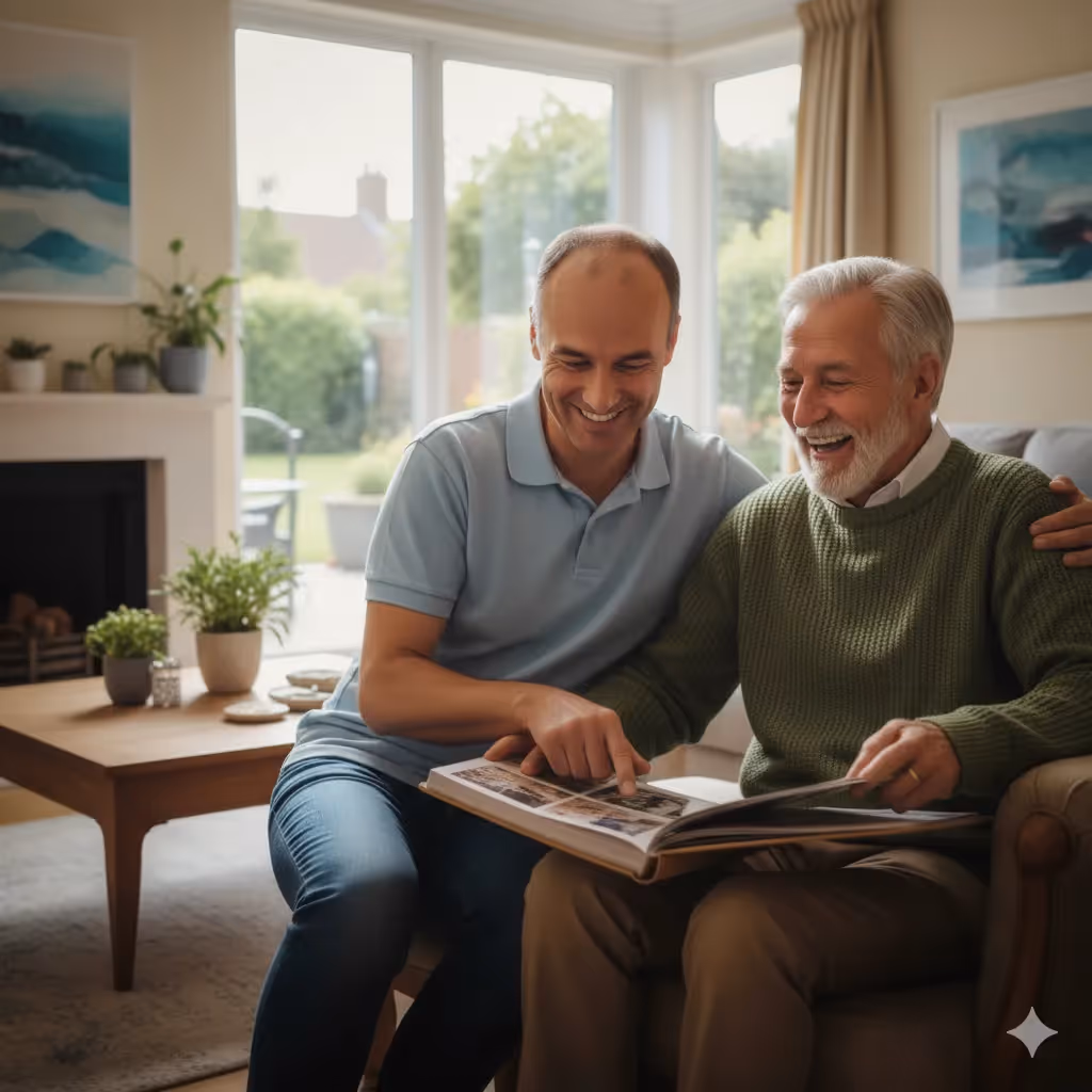 Two men, one younger and one older, sitting on a couch and smiling while looking through a photo album in a bright living room.