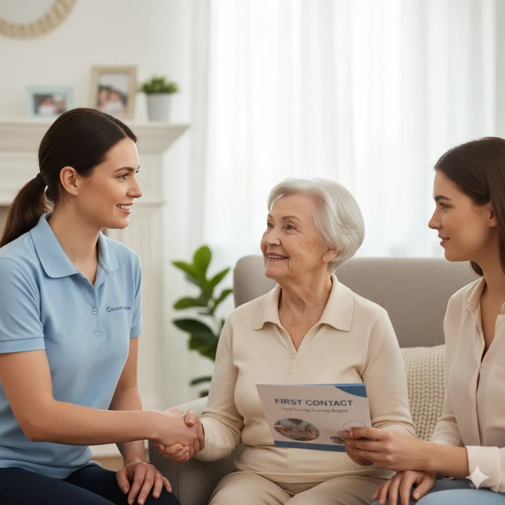 Young female caregiver shaking hands with an elderly woman sitting on a couch, while a younger woman watches and holds a brochure titled 'FIRST CONTACT'.
