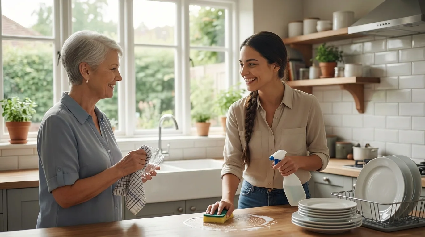 Zwei lächelnde Frauen reinigen gemeinsam eine moderne Küche, eine wischt mit einem Schwamm, die andere trocknet ein Glas.