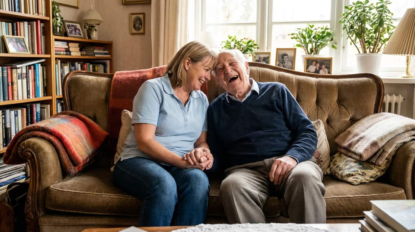 Elderly man and woman sitting closely on a couch, holding hands and laughing together in a cozy living room.