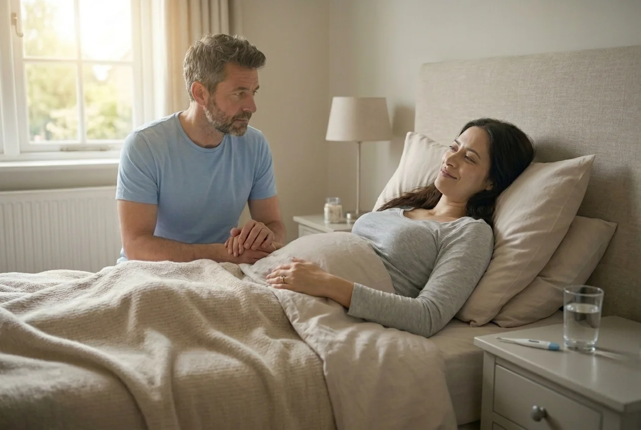 Ein Mann hält liebevoll die Hand einer schwangeren Frau, die im Bett liegt und lächelt.