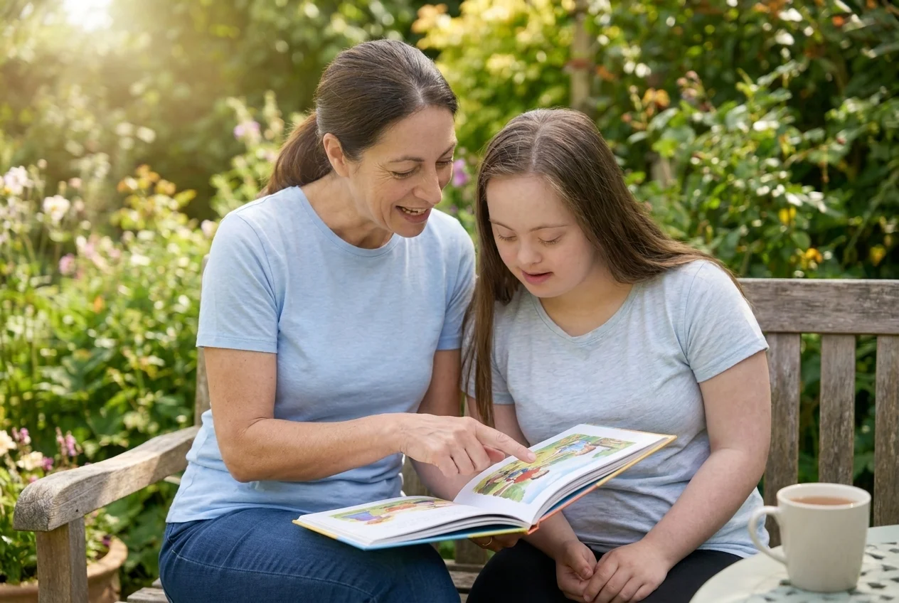 Woman and girl with Down syndrome sitting on a wooden bench outdoors, reading a book together.