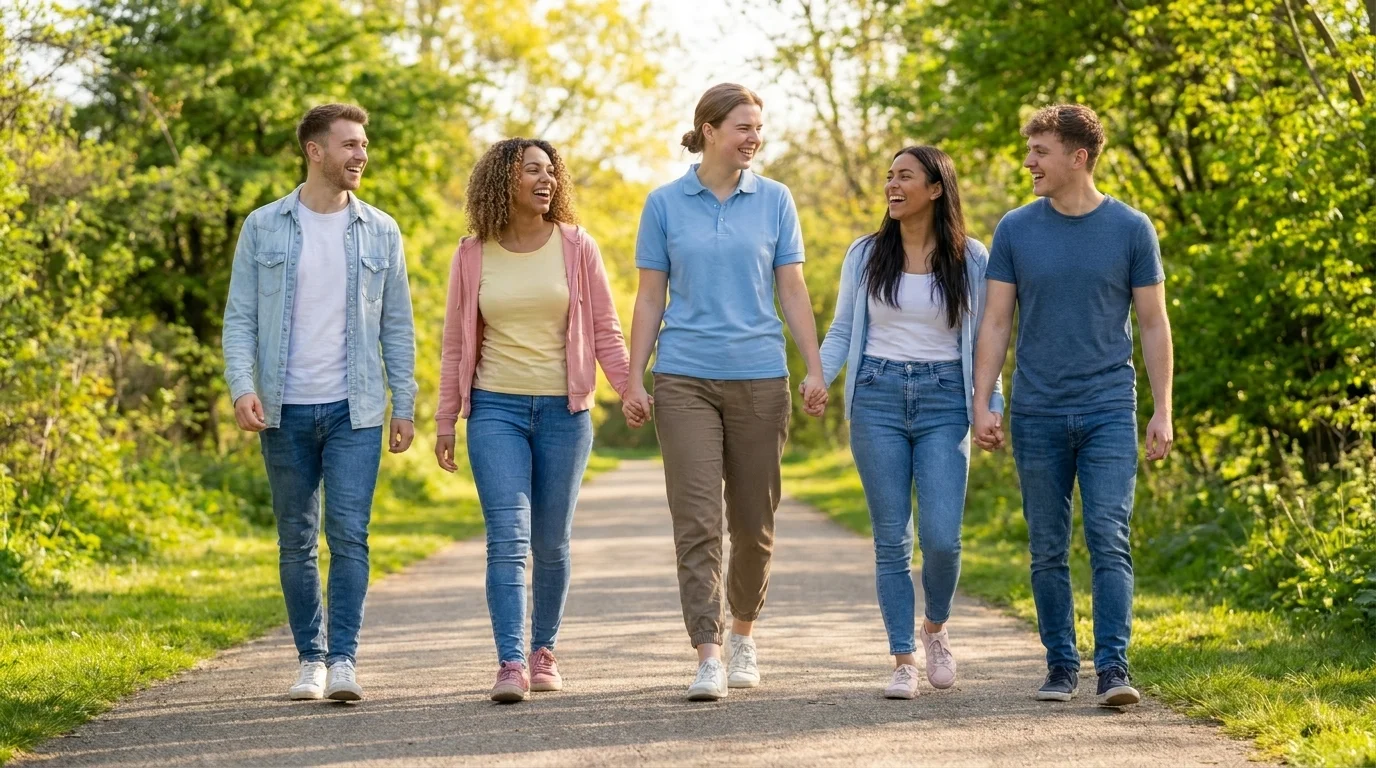 Fünf Freunde spazieren Händchen haltend und lachend auf einem von grünen Bäumen gesäumten Weg im Park.