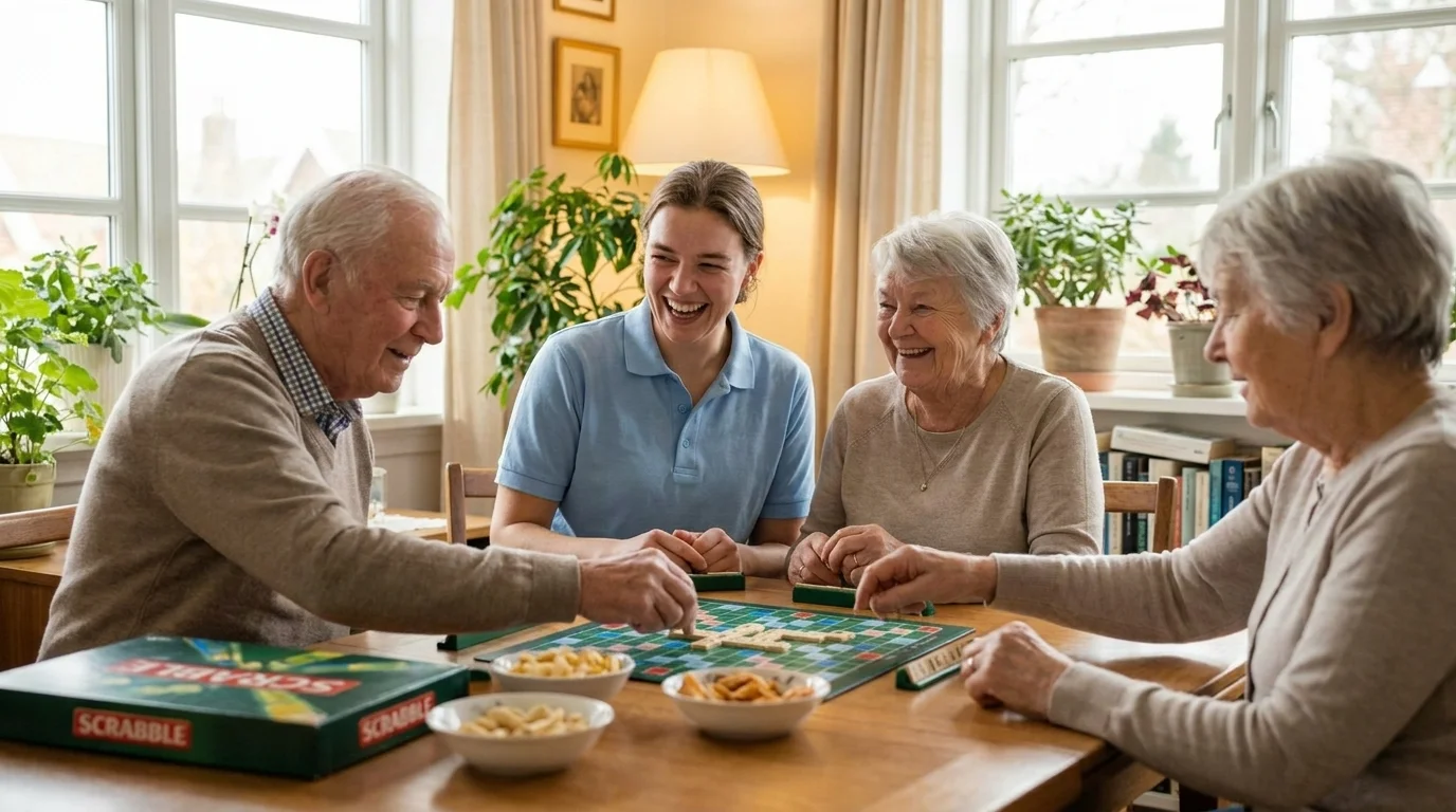 Drei ältere Menschen und eine Pflegerin spielen fröhlich Scrabble an einem Tisch im Wohnzimmer.