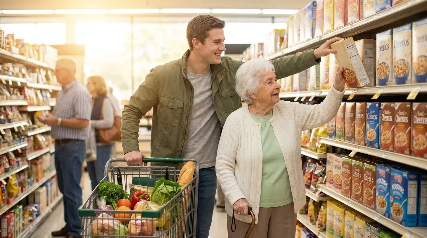 Young man helping elderly woman choose cereal from grocery store shelf while pushing a shopping cart filled with vegetables and bread.