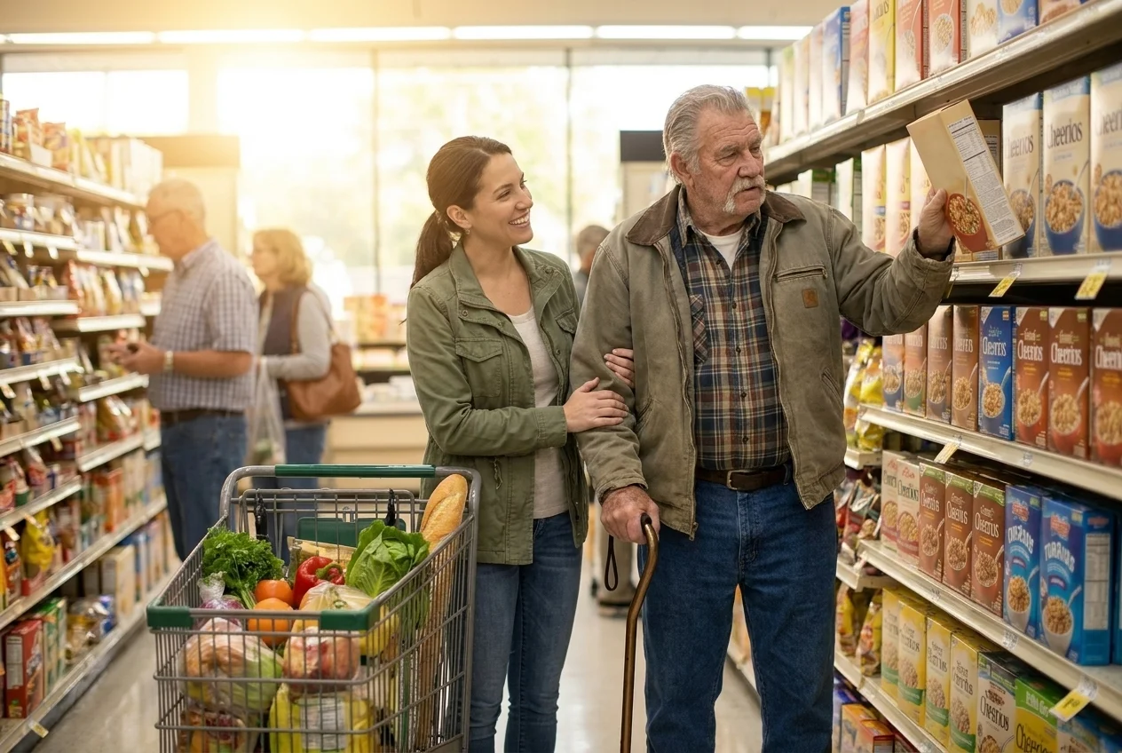 Eine Frau unterstützt einen älteren Mann mit Gehstock beim Einkaufen in einem Supermarkt, während er eine Müslischachtel ansieht und ein Einkaufswagen mit frischem Gemüse neben ihnen steht.