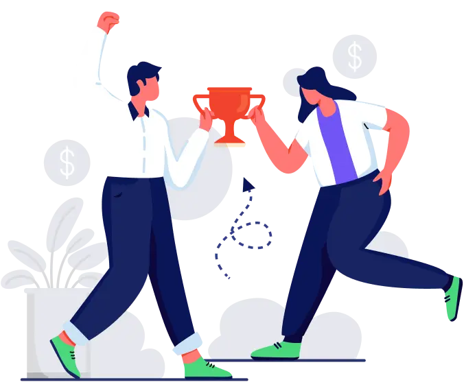 Two people celebrating and holding a trophy with dollar signs in the background.