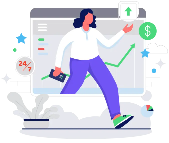 Illustration of a person walking confidently in front of a screen showing an upward trending graph with financial and 24/7 service icons.