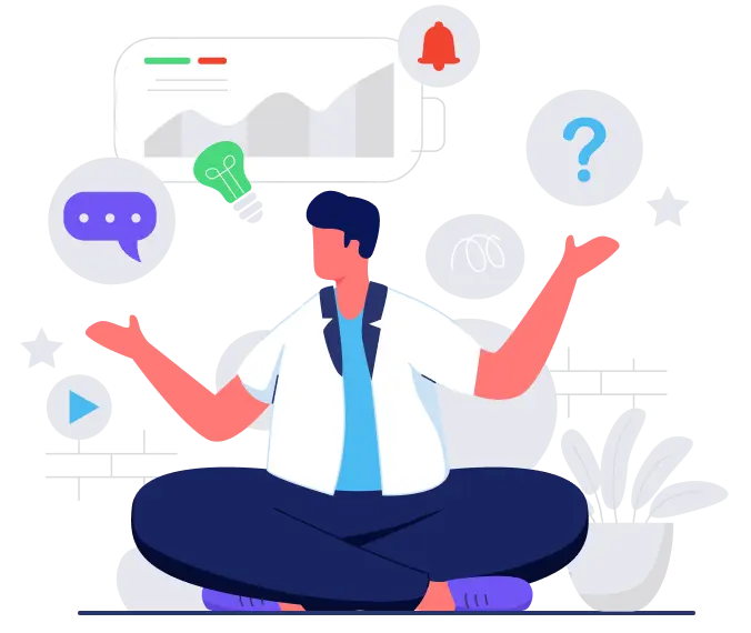Illustration of a person sitting cross-legged surrounded by icons representing communication, ideas, notifications, questions, and data charts.