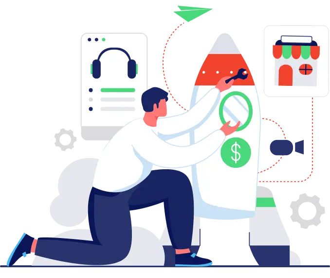 Illustration of a person kneeling and fixing a rocket with a wrench, surrounded by icons of headphones, a store, and video camera.