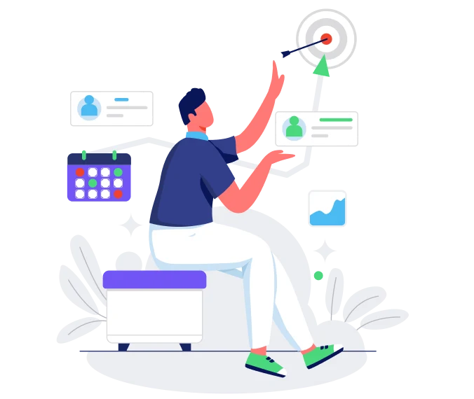 Illustration of a person sitting on a bench aiming an arrow at a target surrounded by business icons like calendar, user profiles, and a growth chart.