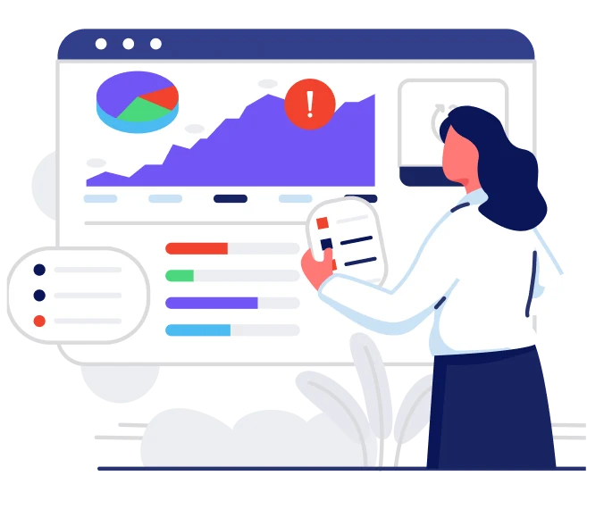 Illustration of a woman analyzing charts and graphs on a large screen, including a pie chart, line graph with an alert icon, and a checklist.