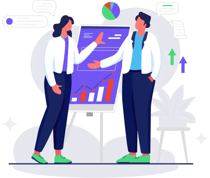 Illustration of two people discussing data charts on a presentation board with bar graphs, pie chart, and speech bubbles.