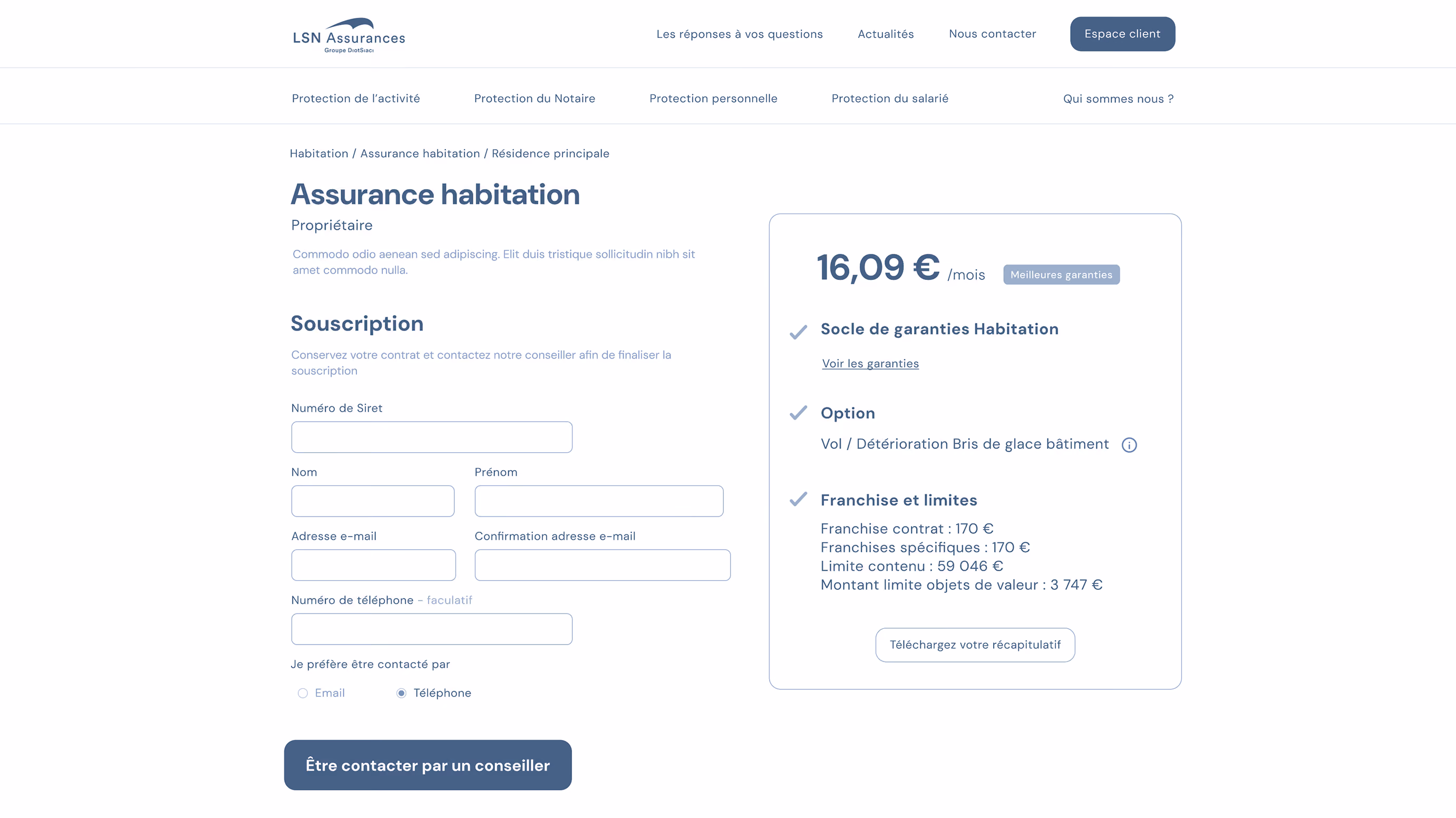 Wireframe extranet LSN Assurances