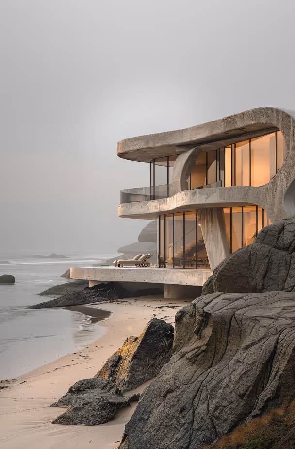 Modern concrete house with curved architecture and large glass windows overlooking a sandy beach and rocky shore at foggy sunrise.