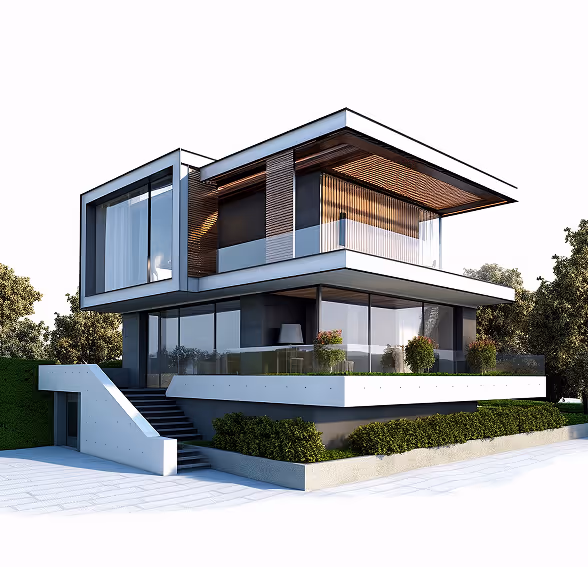 Modern two-story house with large glass windows, a balcony with wooden ceiling, and surrounding greenery.