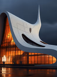 Modern building with curved white roof and large glass windows glowing warmly against a dark cloudy sky.