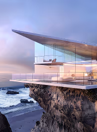Modern glass house perched on a cliff overlooking the ocean at sunset.