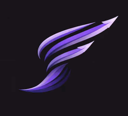 Abstract purple logo with two upward arrows forming a wing shape on a black background.