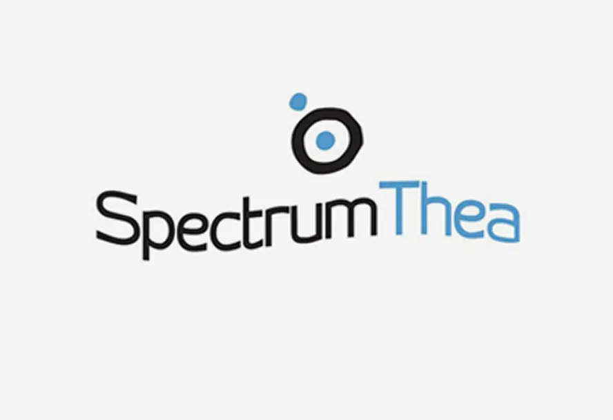 Spectrum Thea logo with stylized black and blue text and abstract circular design above.