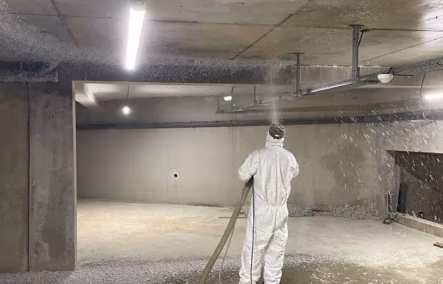 Person in protective suit spraying liquid inside an unfinished concrete basement or underground parking space.