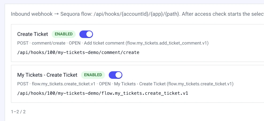 Inbound webhooks list: Create Ticket and My Tickets - Create Ticket, each enabled, with the /api/hooks path that starts a flow