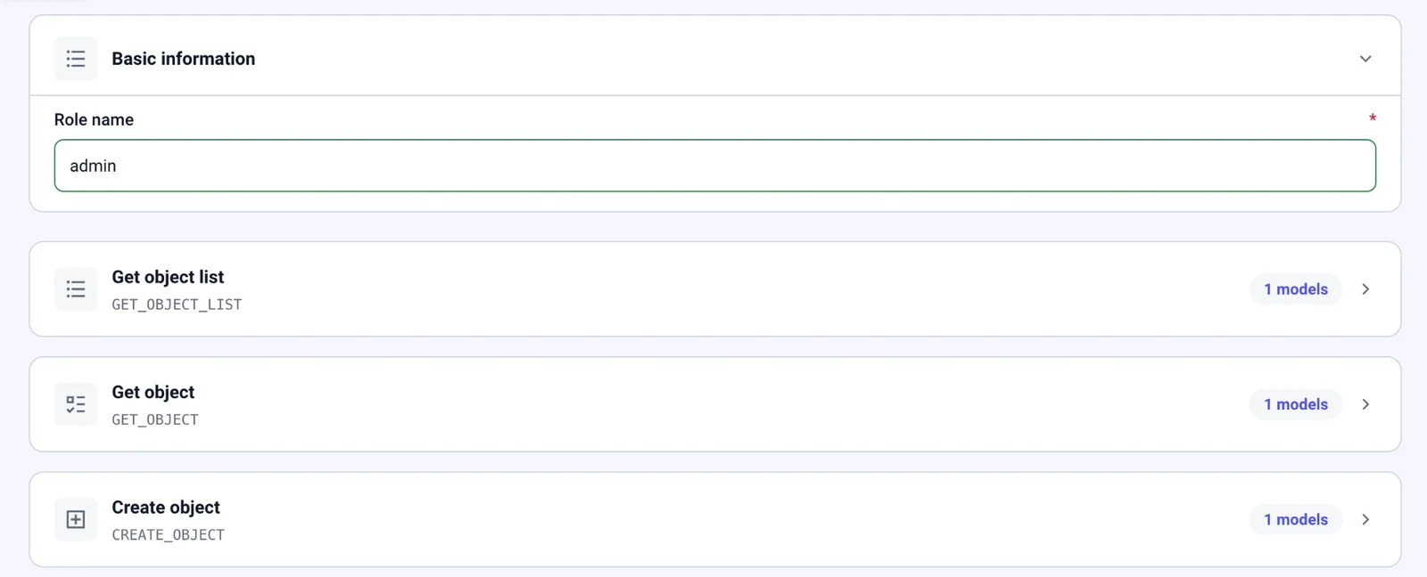 Role editor: admin role with Get object list, Get object and Create object permissions, each bound to models
