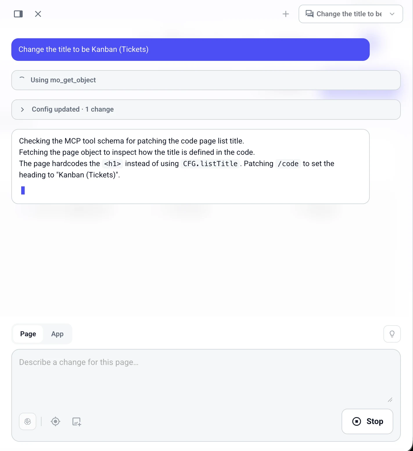 Coding agent panel: a request to change the title, a tool call, a collapsed 'Config updated · 1 change' block and the agent's explanation