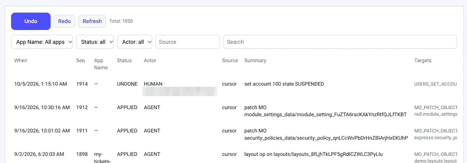 Ops log with Undo and Redo buttons and rows of applied and undone changes by human and agent actors