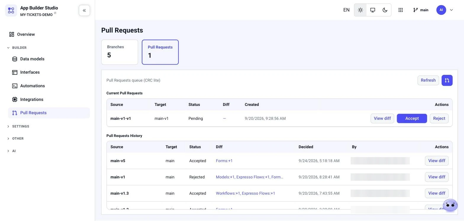 Studio Pull Requests: a pending PR with View diff, Accept and Reject, and a history of accepted and rejected PRs with diffs by object type
