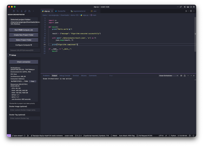 Ocean Orchestrator in the code editor with a job running