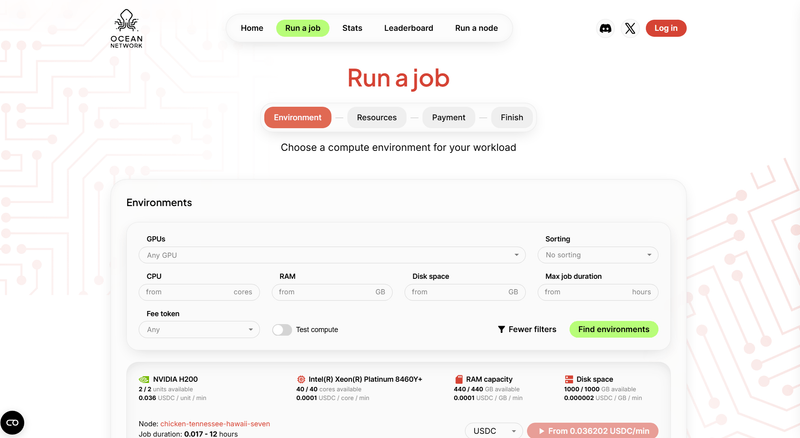 Ocean Network dashboard: the Run a job page with GPU filters