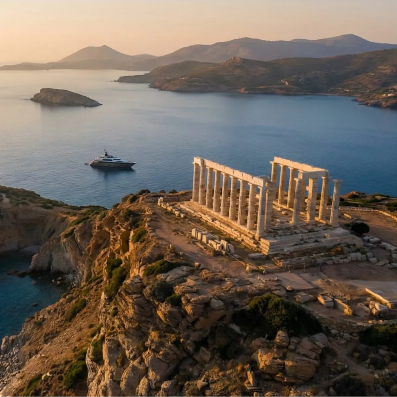 Ancient Greek temple ruins on a rocky cliff overlooking calm sea with a yacht and distant islands.