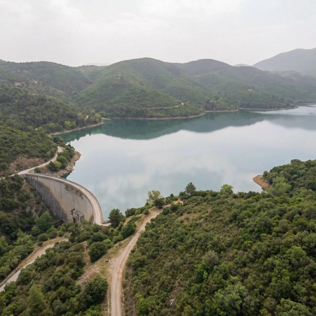 A curved concrete dam holding back a calm reservoir surrounded by green hills and trees.