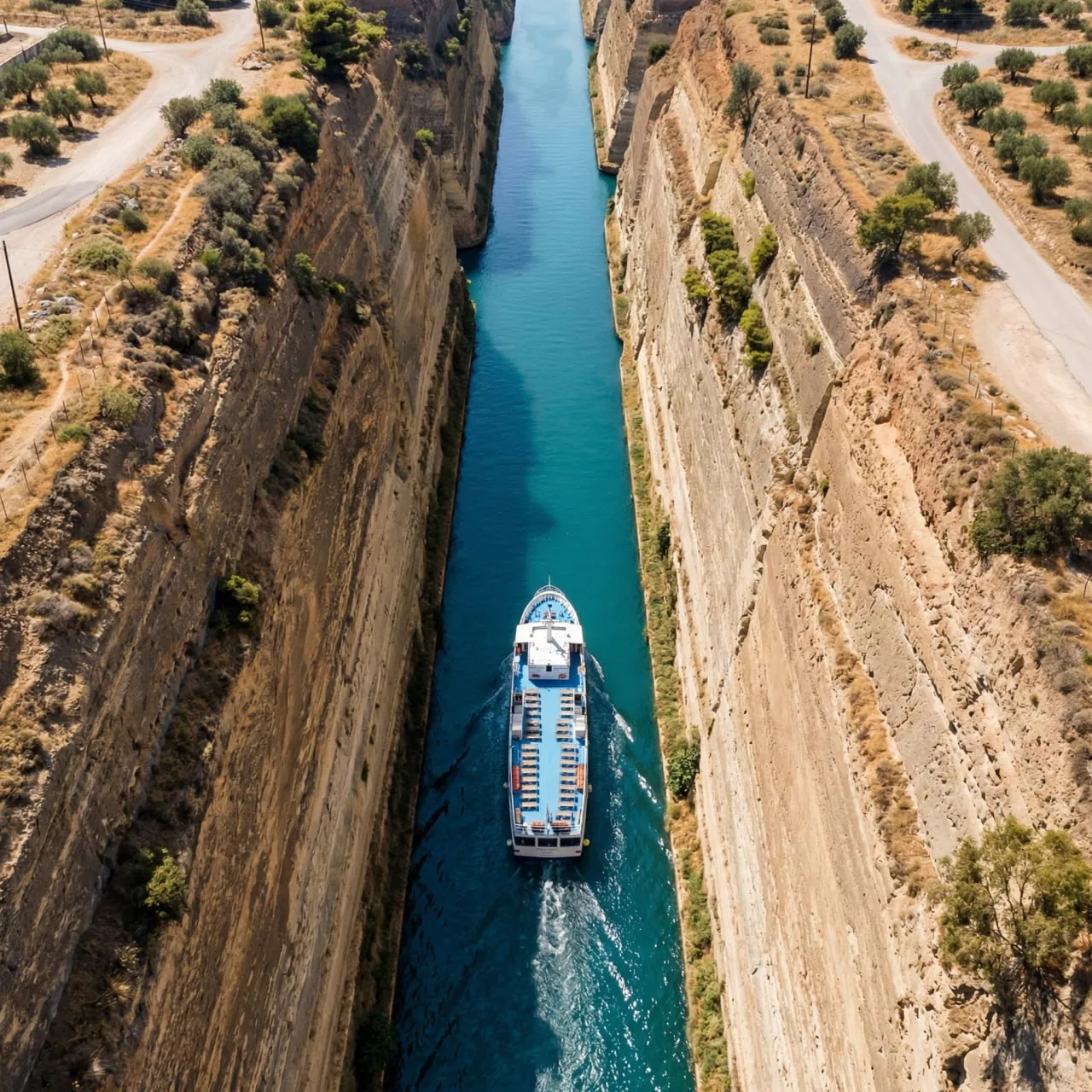 A boat sailing through a narrow turquoise canal with steep rocky cliffs on both sides.