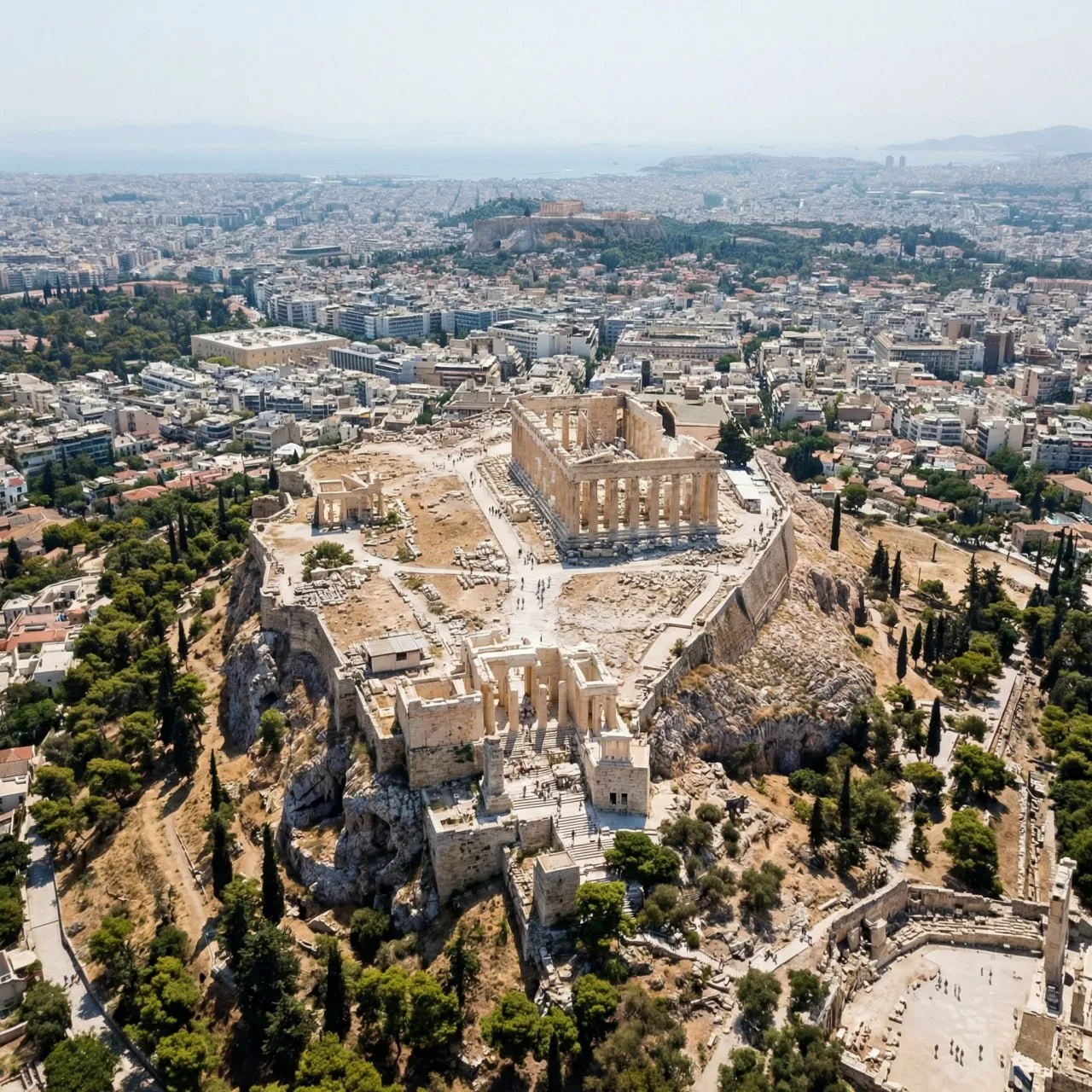 Aerial view of the Acropolis of Athens with the Parthenon temple and cityscape surrounding it.