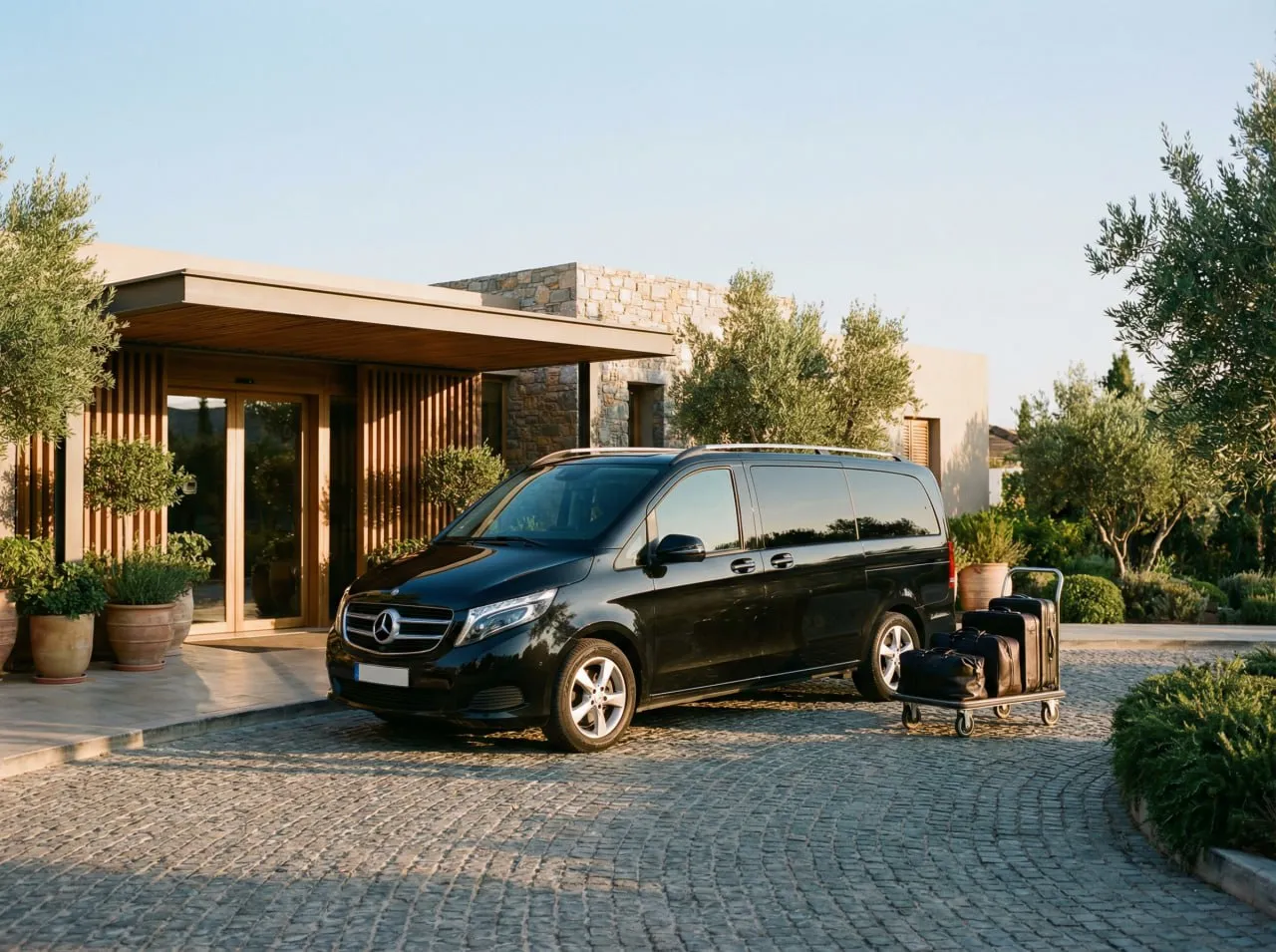 Black Mercedes van parked on cobblestone driveway beside a cart carrying luggage outside a modern house.