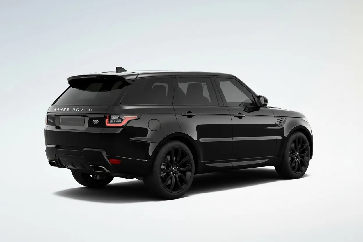 Black Range Rover SUV viewed from the rear side on a plain light background.