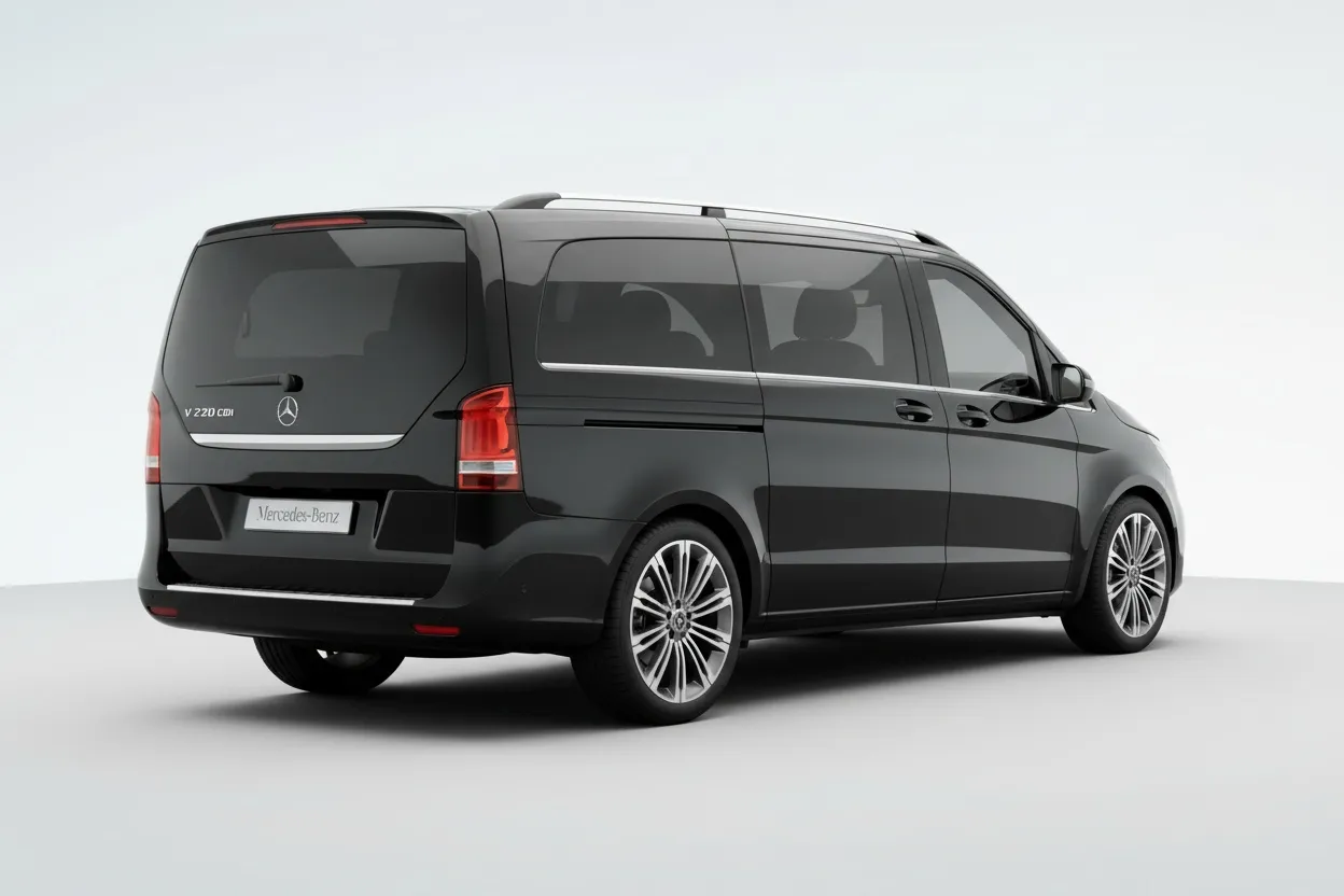 Rear side view of a black Mercedes-Benz Vito van on a white background.