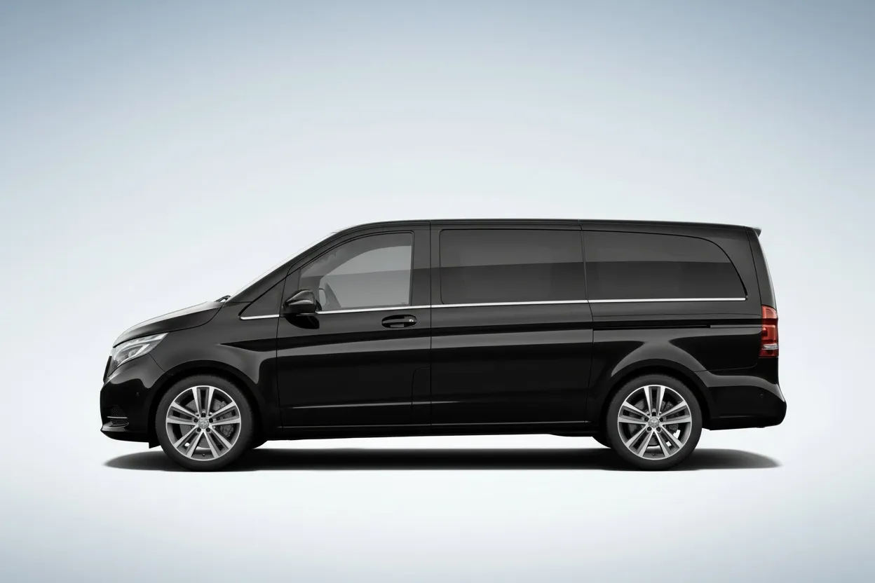Side view of a black luxury passenger van with tinted windows and silver alloy wheels.