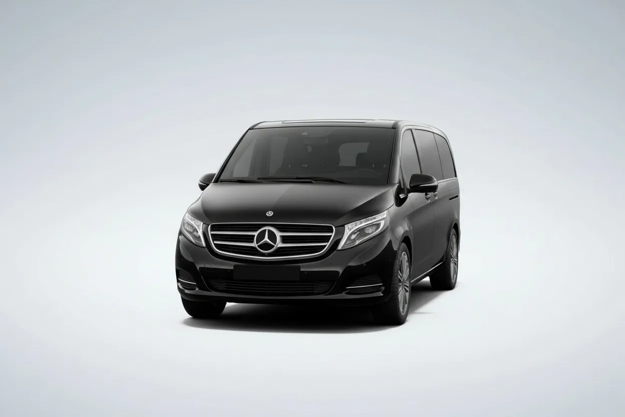 Front view of a black Mercedes-Benz luxury van on a light gray background.