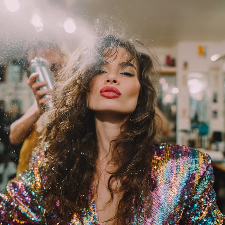 A girl with hairspray getting ready for prom